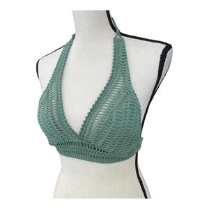 Robin Piccone Womens Sophia Crochet Halter Bikini Top Sea Green Solid Swim XS